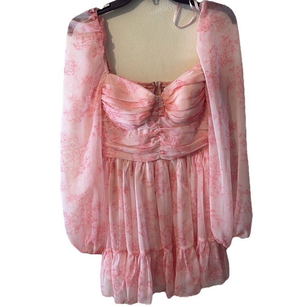 B.DARLIN Spring summer fairycorePink Floral Ruched Tiered Long Sleeve Dress  7/8